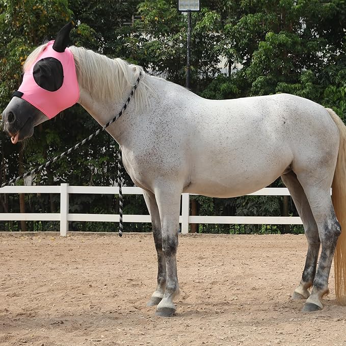 Horse Fly Mask with Ears - Large Eye Space for Full Vision, Breathable Stretch Comfort Fit, UV Protection, Forelock Opening, Easy Pull-On Pink Full
