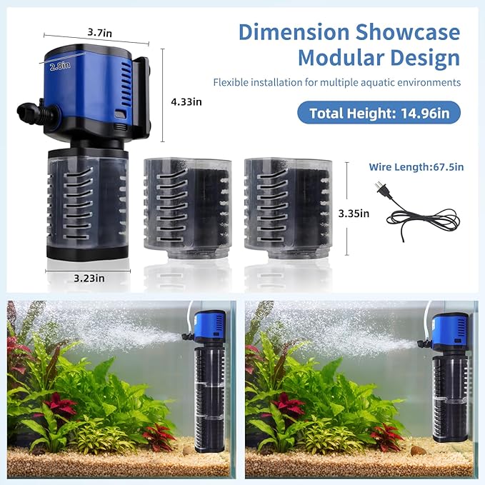 TARARIUM Aquarium Filter Pond Pump 660GPH for 75-300 Gallon Fish Tank, 8ft. High Lift Dry Burning Protection Biochemical Submersible Internal Powerful Pump 4 in 1, Saltwater Freshwater Large