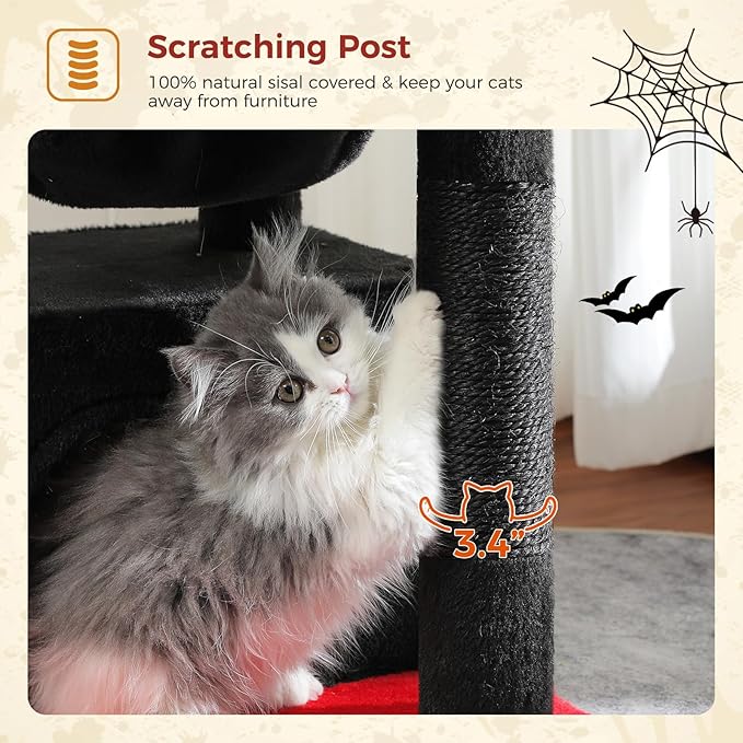 PEQULTI 4-in-1 Gothic Cat Tree, 33'' Cat Tower for Indoor Cats with Large Condo, Cat Scratching Post for Cats with Deep Hammock& Cozy Top Perch,Black