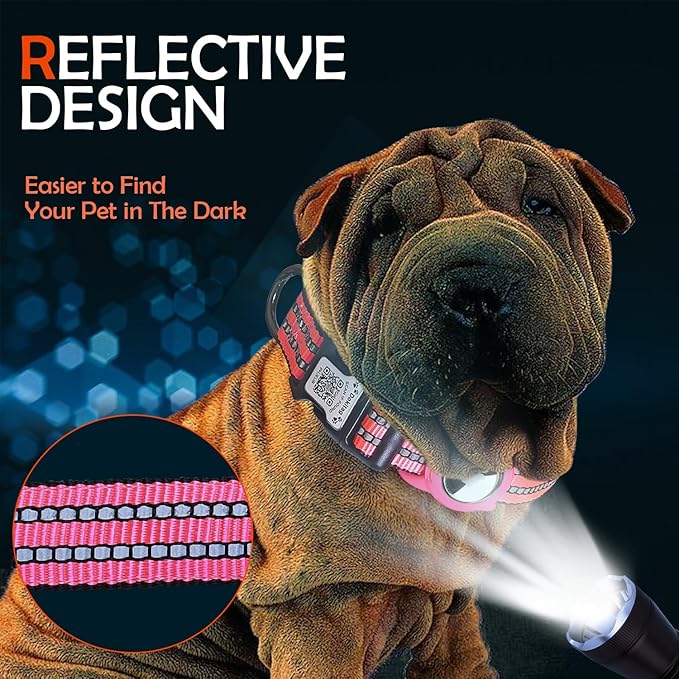 Reflective Dog Collar with Apple AirTag Holder & QR Code Pet ID Tag,Soft Nylon Adjustable Dog Tracker Collar with Safety Lock for Medium Dogs (Rose Red, M)