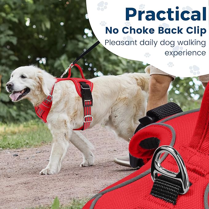 Funfox Dog Harness No Pull, Adjustable Pet Vest Harness, Super Soft Material with Vertical Handle Easy Control, Reflective Night Walking, 2 Leash Clips for Medium Sized Dogs, Red, M