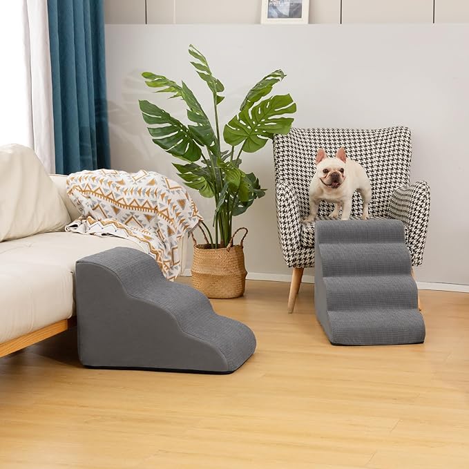 4-Step Dog Stairs and Ramp for Beds or Couches – Non-Slip Sturdy Pet Steps for Small Dogs and Cats,17.4" H,Grey