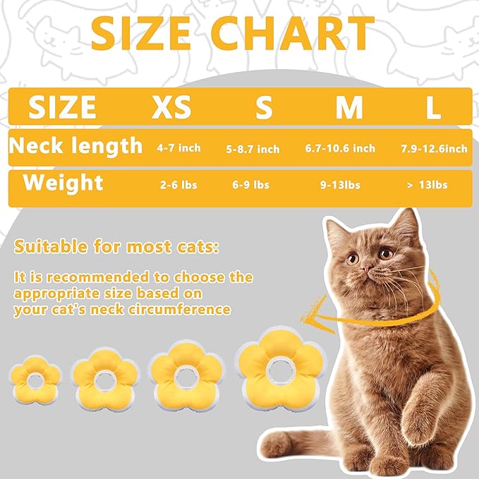 Cat Cone Collar Soft, Waterproof Cats Cones to Stop Licking After Surgery, Adjustable Soft Elizabeth Cats Collars for Wound Healing, Flower Shape Cat Recovery Collar (Yellow, Large)