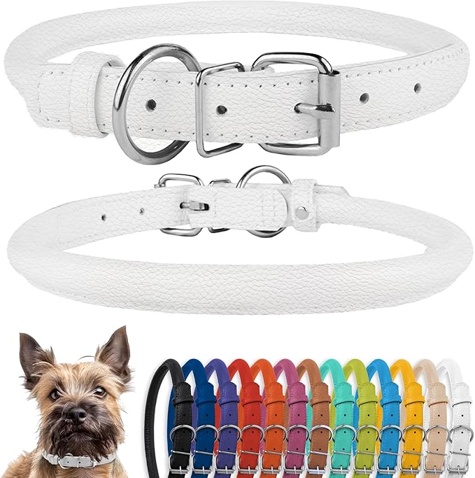 CollarDirect Rolled Leather Dog Collar, Soft Padded Round Puppy Collar, Handmade Genuine Leather Collar Dog Small Large Cat Collars 13 Colors (6-7 Inch, White Textured)
