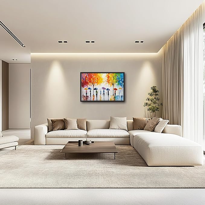 Large Abstract Tree Wall Art for Living Room, Framed Oversized People with Colorful Umbrella Wall Decor Street Canvas Painting Modern Artwork for Living Room Bedroom Office Dining Room 36"x24"