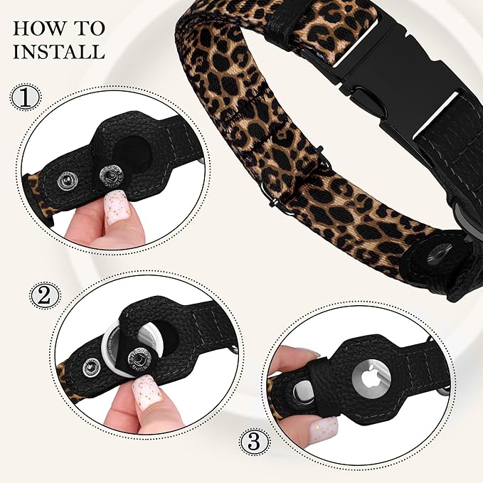 AirTag Dog Collar for Small Medium Large Breed - Adjustable Cute Pattern Dog Collar with Airtag Holder - Soft Leather Tracker GPS Apple Air Tag Pet Collars (Small, 12"-15" Neck Fit, Leopard)