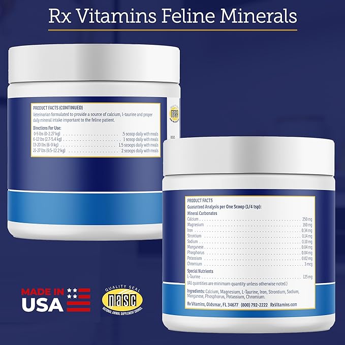 Rx Vitamins Feline Minerals - Taurine for Cat Heart Health - Calcium for Joint Supplement - Immune Support for Cats with Magnesium & Potassium - Skin and Coat Supplement - 8oz