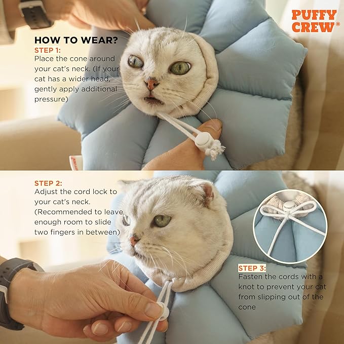 Puffy Crew Soft Cat Cone Collar, Adjustable Waterproof Recovery Collar, Lightweight Elizabethan e Collar for Cats of All Breeds (Blue, Medium, Neck Circumference 6.5"–10.5")