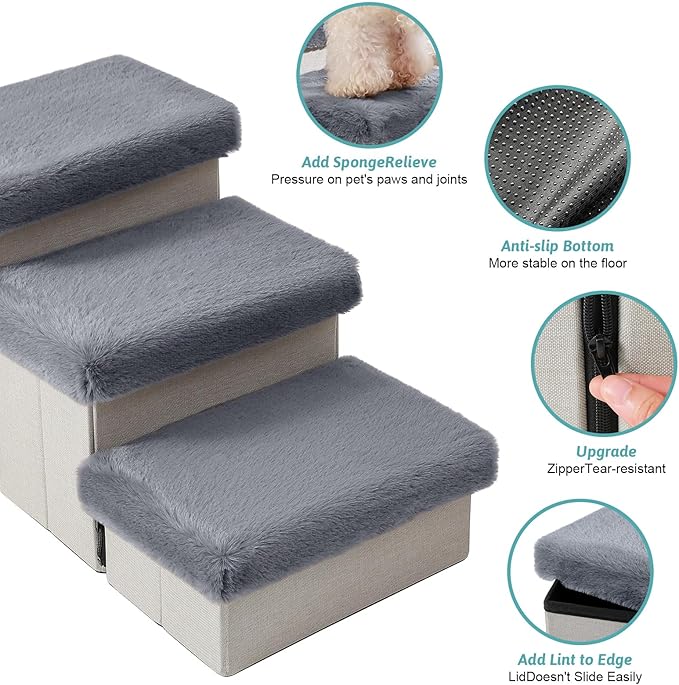 Dog Stairs for Small Dogs with Storage and Condo, 14" H Foldable Pet Stairs for Small Medium or Puppy Dogs and Older Cats, Dog Steps for Bed or Couch, 13x27x14 inch, 3 Tiers, Grey
