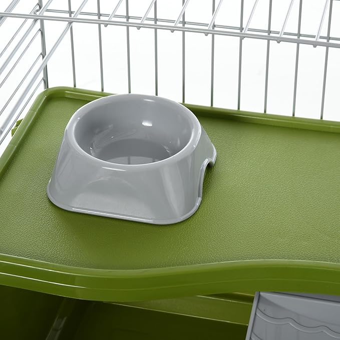 PawHut 35" L Small Animal Cage, Rolling Bunny Cage, Guinea Pig Cage with Food Dish, Water Bottle, Hay Feeder, Platform, Ramp for Chinchilla, Green