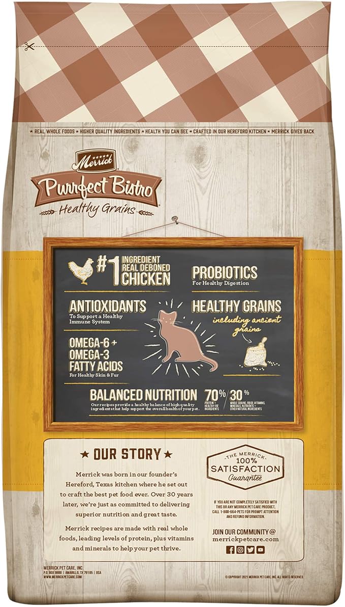 Merrick Purrfect Bistro Premium Healthy Grains Dry Cat Food For Adult Cats, Real Chicken And Brown Rice Recipe - 4.0 lb. Bag