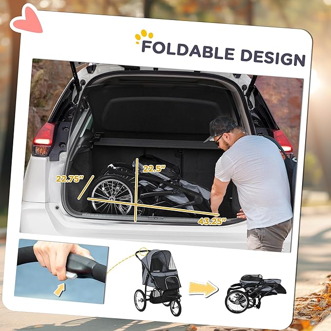 PawHut 3 Wheels Pet Stroller for Small and Medium Dogs, Foldable Cat Stroller Jogger with Adjustable Canopy, Safety Tether, Cushion, Storage Basket, Gray