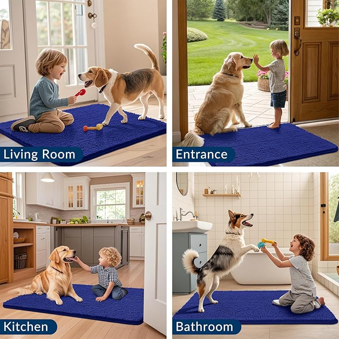 Smiry Dog Door Mat for Muddy Paws 30x20, Absorbs Moisture and Dirt Doormat, Non-Slip Washable Quick Dry Chenille Front Door Mat Indoor Entrance, Entryway Carpet for Inside Floor, Navy Blue