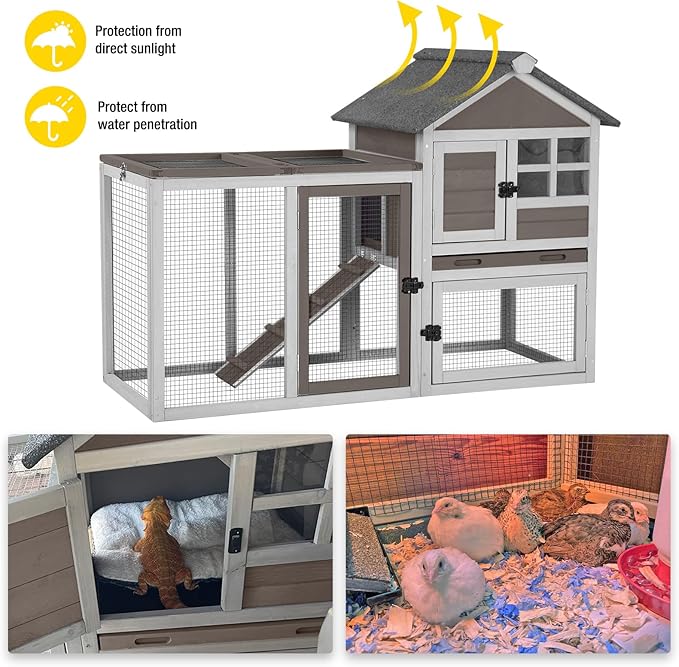 Aivituvin Rabbit Hutch Indoor Bunny Cage Outdoor with Run Chicken Coop Guinea Pig House with Waterproof Asphalt Roof,No Leakage Pull Out Tray
