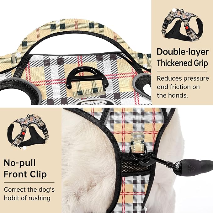 IVY&LANE No Pull Dog Harness with Leash Set, Reflective No Choke Pet Vest,Adjustable Oxford Dog Vest Harness with Easy Control Handle for Large Dogs (Checkered Beige,XL)