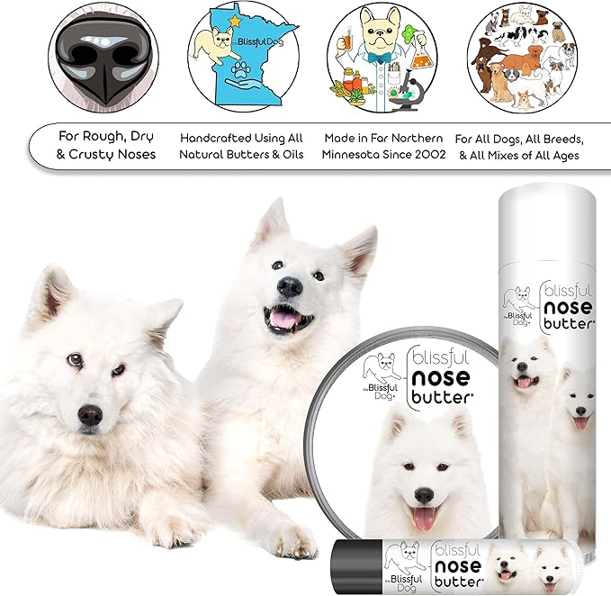 The Blissful Dog Samoyed Nose Butter for Dry, Cracked Skin, Lick-Safe Dog Nose Balm with Moisturizing Shea Butter, Almond, Olive, and Essential Oils, Pet Supplies, Uncented, 1 oz.