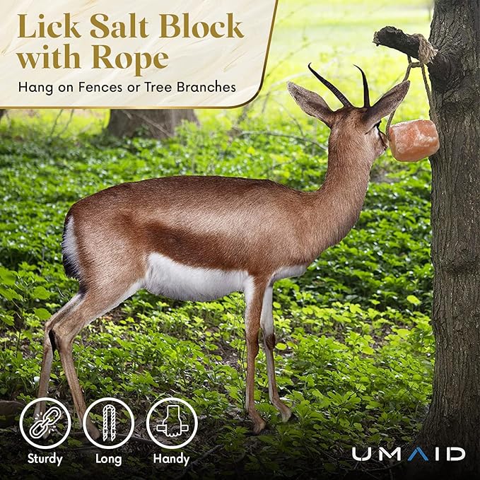 UMAID Himalayan Salt Lick 6 lbs. on Rope for Horses, Deer, Goats, Cow, Sheep, Cattle, Alpacas, and Livestock – Mineral Horse Treats, Natural Himalayan Rock Salt Block for Deer and Horses, 4 Pack