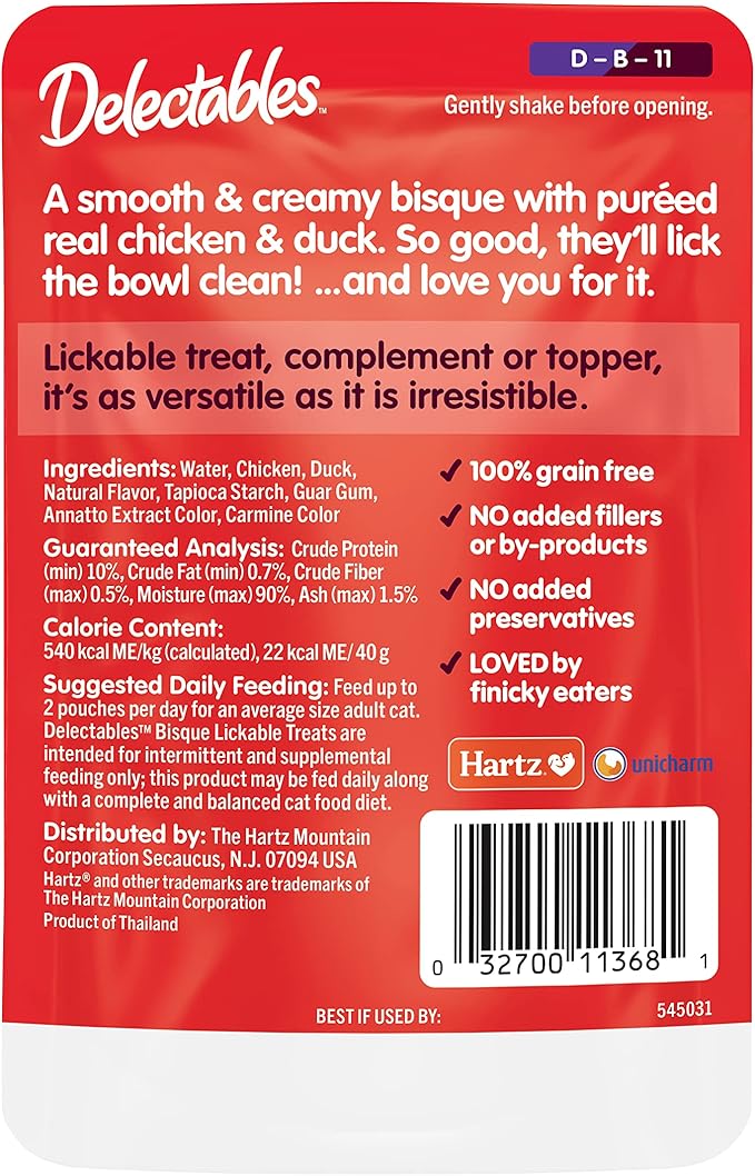 Hartz Delectables Non-Seafood Bisque Lickable Wet Cat Treats for Adult & Senior Cats, Multiple Flavors, Pack of 12