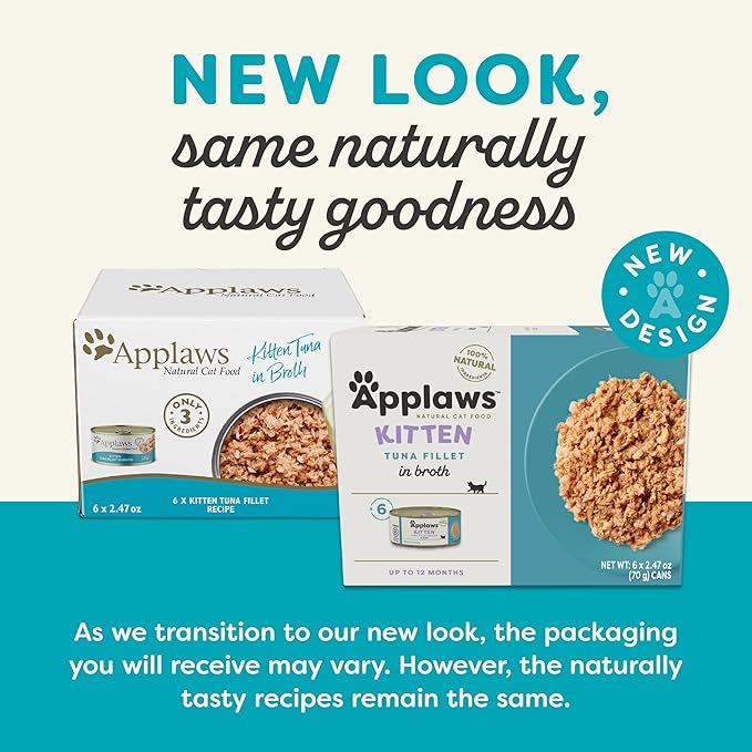 Applaws Natural Wet Kitten Food in Broth, Limited Ingredient Canned Wet Kitten Food, No Additives, Made with Natural Ingredients, Tuna Fillet in Broth (6 x 2.47oz Cans)