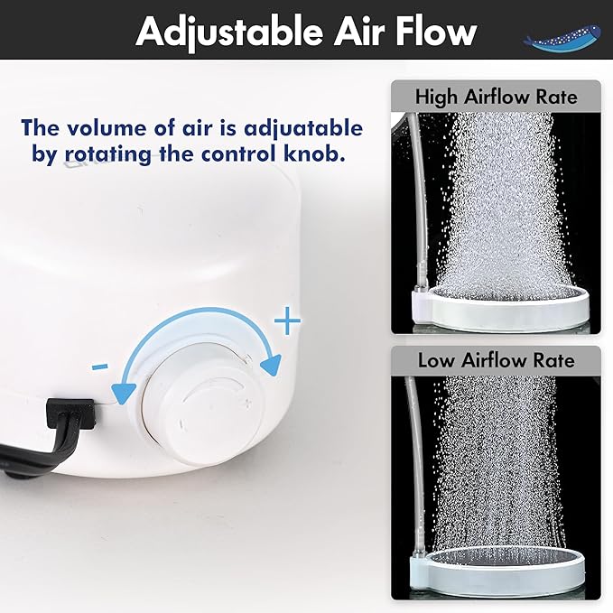 Orlushy Silent Aquarium Air Pump, Dual Outlet Adjustable Oxygen Aerator with 2 Air Stones Airline Tubing Check Valves for up to 600 Gallon Fish Tank, Hydroponic Bucket System, Bedroom Bubble Wall