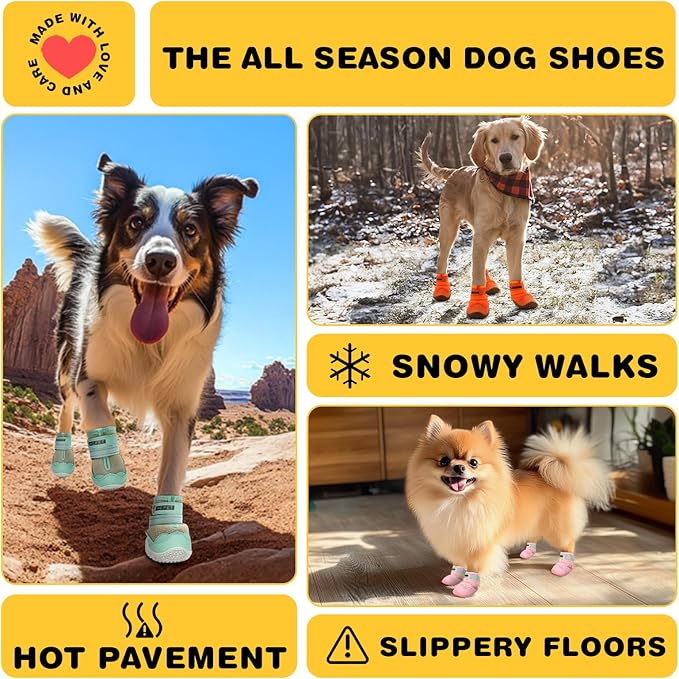 Hcpet Dog Shoes for Large Dogs, Breathable Dog Booties for Small Medium Dogs, Anti-Slip Dog Boots & Paw Protectors for Hot Pavement Winter Snow Hiking with Reflective Straps Orange Size 8