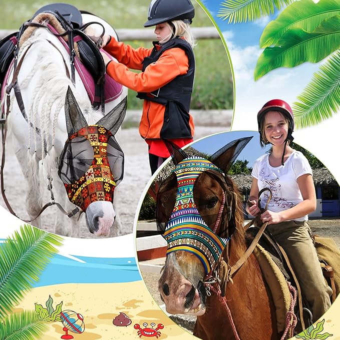 Chunful 6 Pcs Horse Fly Masks with Ears Smooth and Comfortable Cashel Mesh Fly Mask Elasticity Breathability UV Protection Horse Face Covering for Riding Supplies(Geometric,Large)