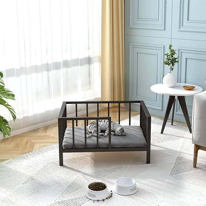 Dog Bed with Rails - Elevated Pet Metal Bed Frame with Solid Wood Board and Washable Soft Mat for Small Dog Indoor or Outdoor Use, 21.3" x 30", Black