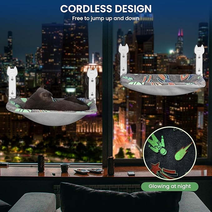 Cat Window Perch, Glow in The Dark Foldable Cat Hammock with Sunken Design & Removable Soft Cover, Breathable Cordless Window Bed for Resting Indoor Kitten (Shallow Perch, 1 Pack - M)