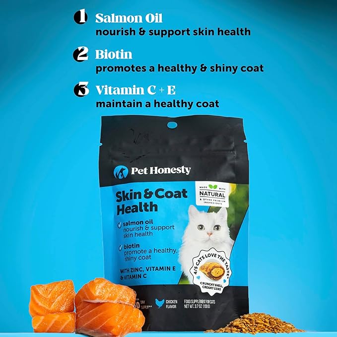 Cat Skin & Coat Health Crunchy & Creamy Chews - Omegas, Vitamin C + E, Biotin Supplement, Soothes Skin and Promotes Shiny Coat, Cat Supplements & Vitamins - Chicken (30-Day Supply)