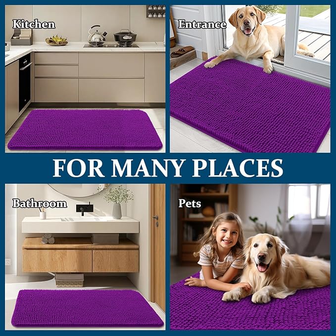 OLANLY Dog Door Mat for Muddy Paws 70x35, Absorbs Moisture and Dirt, Absorbent Non-Slip Washable Doormat, Quick Dry Chenille Mud Mat for Dogs, Entry Indoor Entryway Carpet for Inside Floor, Purple