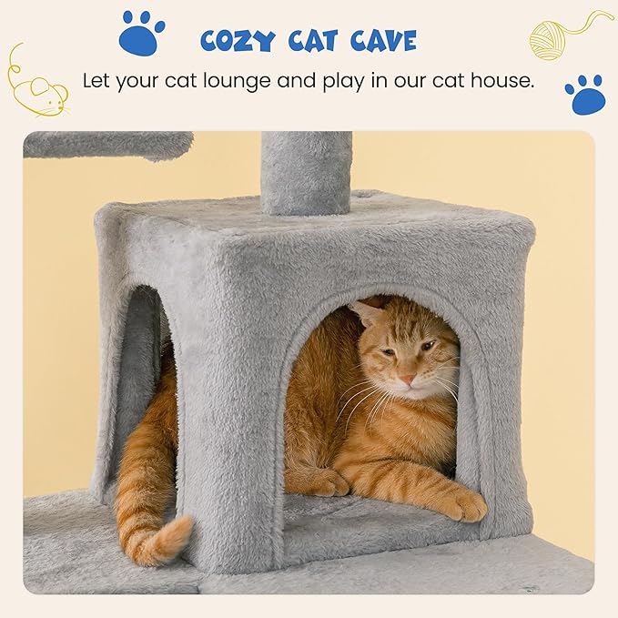 MWPO 63.8 inches Multi-Level Cat Tree for Large Cats with Sisal-Covered Scratching Posts, Padded Platform, Hammock and Condo,Stable Cat Tower Cat Condo Pet Play House-Light Gray