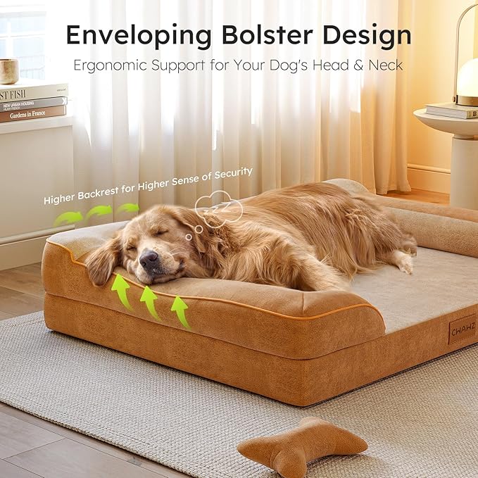 Dog Beds for Large Dogs, Orthopedic Dog Bed with Cooling Gel Memory Foam, Waterproof Large Pet Bed with Removable Washable Cover, 36" Pet Sofa Couch Dutch Velvet with Bone Toy, Brown