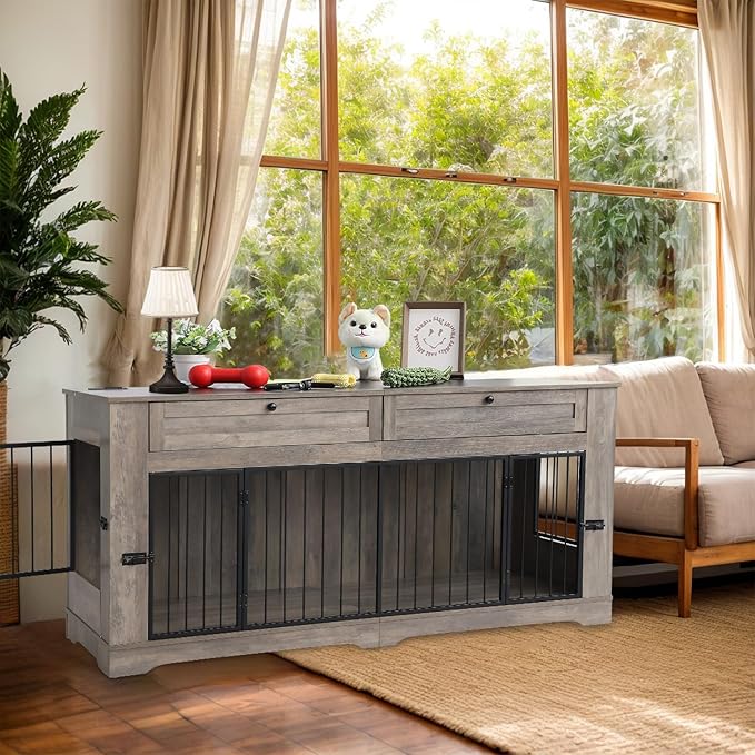 Large Dog Crate Furniture-Decorative Heavy Duty Dog Cage Indoor, Wooden Dog Cage End Table with Charging Station, Dog House with 2 Drawers (Gray, 70.86''L)