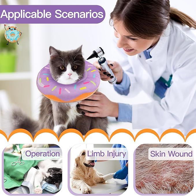 Cat Cone Collar Soft, Cute Cat Donut Collar After Surgery, Adjustable Kitten Recovery Cones to Stop Licking, Lightweight Neck Elizabethan Collars for Cats Kittens (Purple, Large)