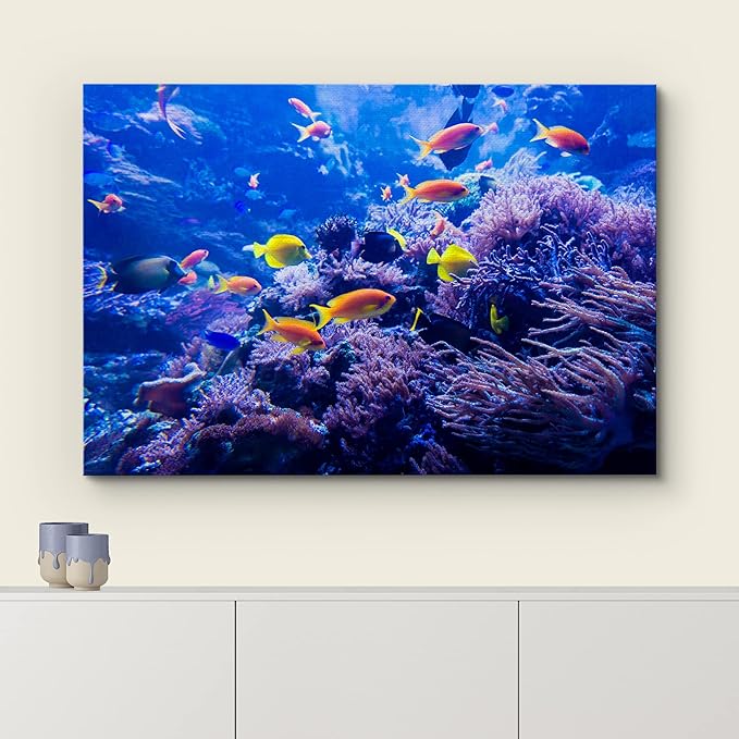 wall26 Canvas Print Wall Art Purple Blue Vibrant Anemone Coral Reef Fish Nature Animals Photography Realism Rustic Scenic Landscape Wilderness Colorful for Living Room, Bedroom, Office - 32"x48"