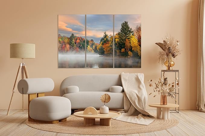 Nature Wall Art Prints - Ocean Forest Mountain Lake Canvas Landscapes - Small to Extra Large Living Room Bedroom Kitchen Bathroom Décor (Misty Fall Reflection, 55L" x 83W"- 3 Panels)