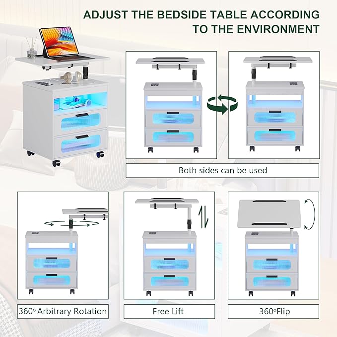 HNEBC Nightstand Set of 2, LED Nightstand with Wireless Charging Station/USB Ports,Smart Nightstand Has Adjustable Rotary Workstation with 2 Drawers,Modern Bedside Table for Bedroom Furniture(White)