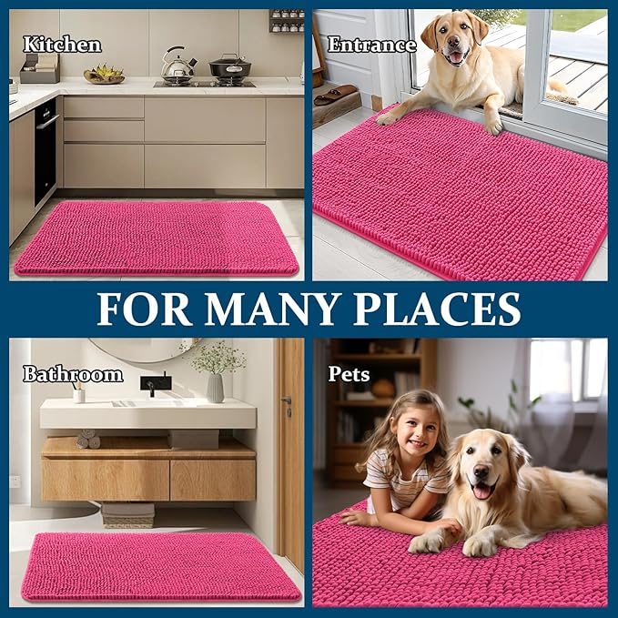OLANLY Dog Door Mat for Muddy Paws 36x24, Absorbs Moisture and Dirt, Absorbent Non-Slip Washable Doormat, Quick Dry Chenille Mud Mat for Dogs, Entry Indoor Entryway Carpet for Inside Floor, Hot Pink
