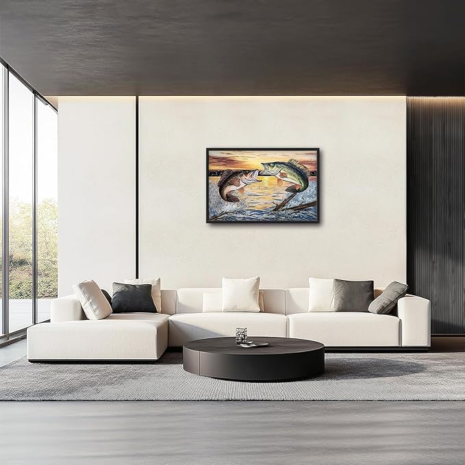 Large Fish Wall Art for Living Room, Framed Bass Fishing Wall Decor, Oversized Rustic Sunset Lake Canvas Painting Fish Pictures Modern Artwork Home Decoration for Living Room Bedroom Office 36"x24"