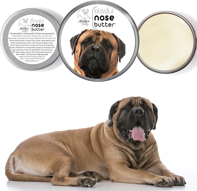 The Blissful Dog Bullmastiff Nose Butter for Dry, Cracked Skin, Lick-Safe Dog Nose Balm with Moisturizing Shea Butter, Almond, Olive, and Essential Oils, Pet Supplies, Uncented, 1 oz.