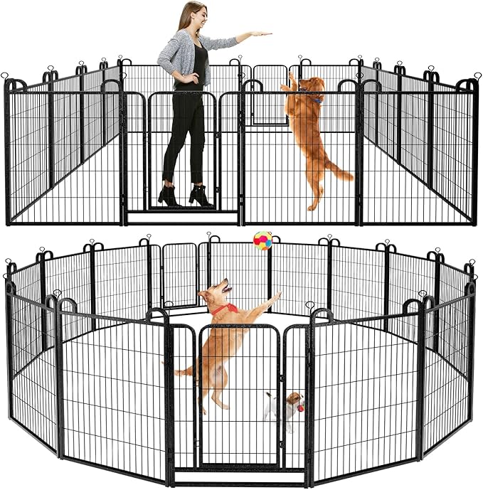 Dog Playpen Outdoor 16 Panels Heavy Duty Dog Fence 40" Height Anti-Rust with Doors Portable for RV Camping Yard, Total 36FT, 102 Sq.ft, Snowy Black