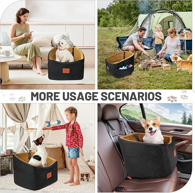 Dog Car Seat for Small Medium Dogs, Memory Foam Booster Car Seat for Dogs up to 35 lbs, Elevated Pet Car Seat, Travel Bed with Washable Removable Cover and Storage Pockets (Black/Coffee)