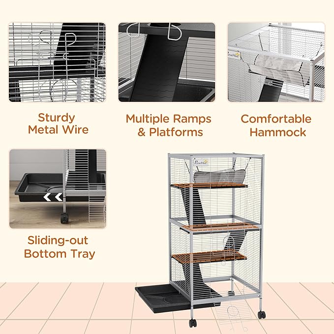 PawHut Metal Small Animal Cage, 4-Tiers Rolling Big Ferret Cage with Hammock, Removable Tray, for Chinchilla, Sugar Glider, White