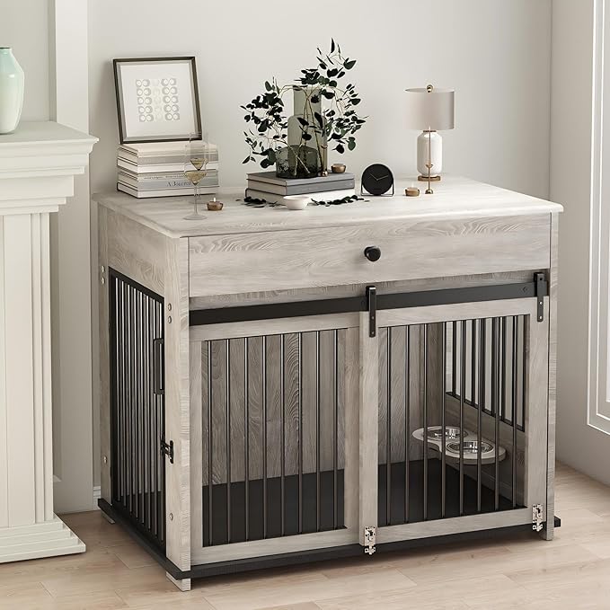Large Dog Crate with Sliding Door, Furniture-Style Wooden Indoor Kennel, Integrated Side Table & Drawer, Secure Lock, 360° Rotating Bowl, Modern Pet House - Ideal for Home Decor (Grey)