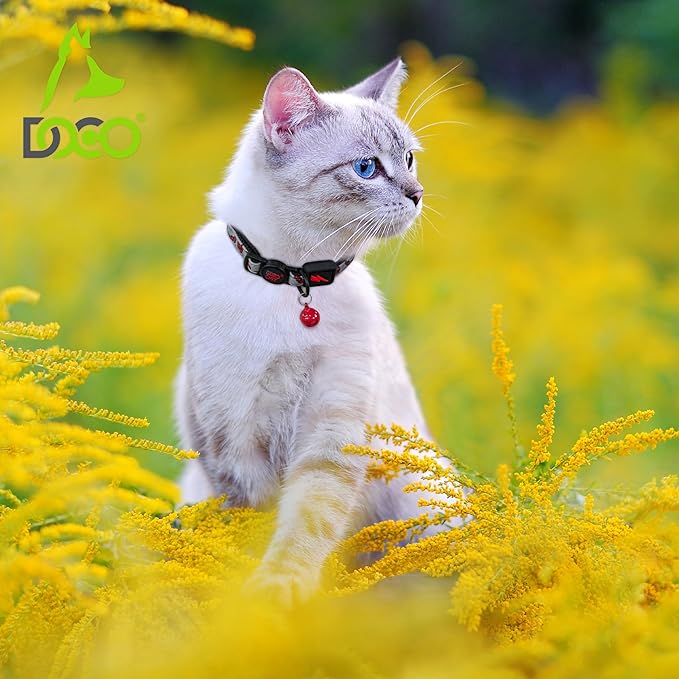DOCO Cat Collar (Neck Girth - 3/8" x 7.5-12", Weight Upto - 13lb) Reflective Cat Collar with Bell, Breakaway Safety Buckle, Adjustable Nylon Strap for Kittens & Adult Cats (Pink)