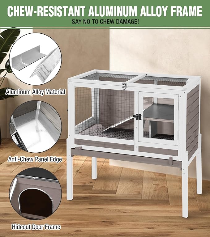 GUTINNEEN Guinea Pig Cage Rabbit Cage Indoor with Chew-Proof Edges, Clean Deep Tray, Leakproof PVC Layer, Small Animals Cage with Adjustable Legs - Brown