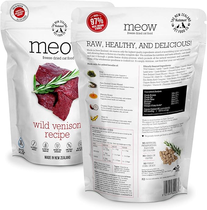 Meow Freeze Dried Cat Food - Wild Venison Recipe, High Protein Treats, Meals & Toppers, Dry Cat Food, 9.9 oz