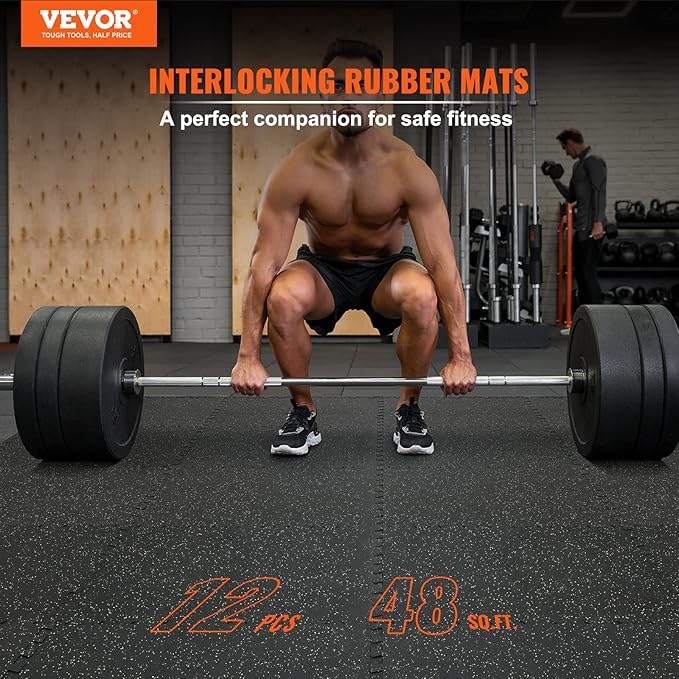 VEVOR 0.56Inch 48sq.ft 12 Tiles Gym Flooring for Home Gym, Rubber Top with High Density EVA Foam,25 x 25In Gym Floor Exercise Equipment Mats, Interlocking Gym Mats, Puzzle Workout Mats, Black & Grey