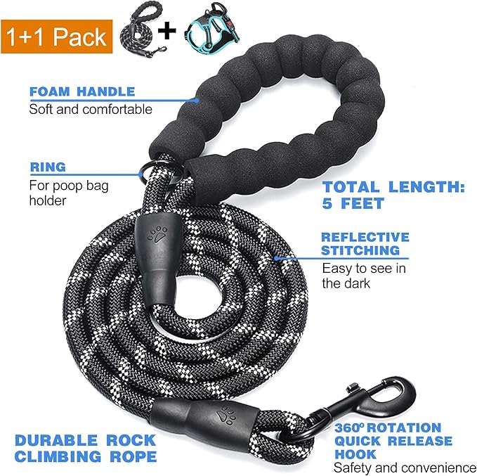 No Pull Dog Harness Adjustable Reflective Oxford Easy Control Medium Large Harness with A Free Heavy Duty 5ft Dog Leash