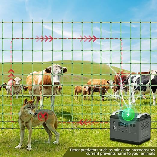 Electric Fence Netting,164'Lx49.6"H, Electric Livestock Netting with 14 Double Barbed Poles, Suitable for Pigs, Cows, Sheep and Other Large Animals, Portable Electric Fence for Farms, Ranches